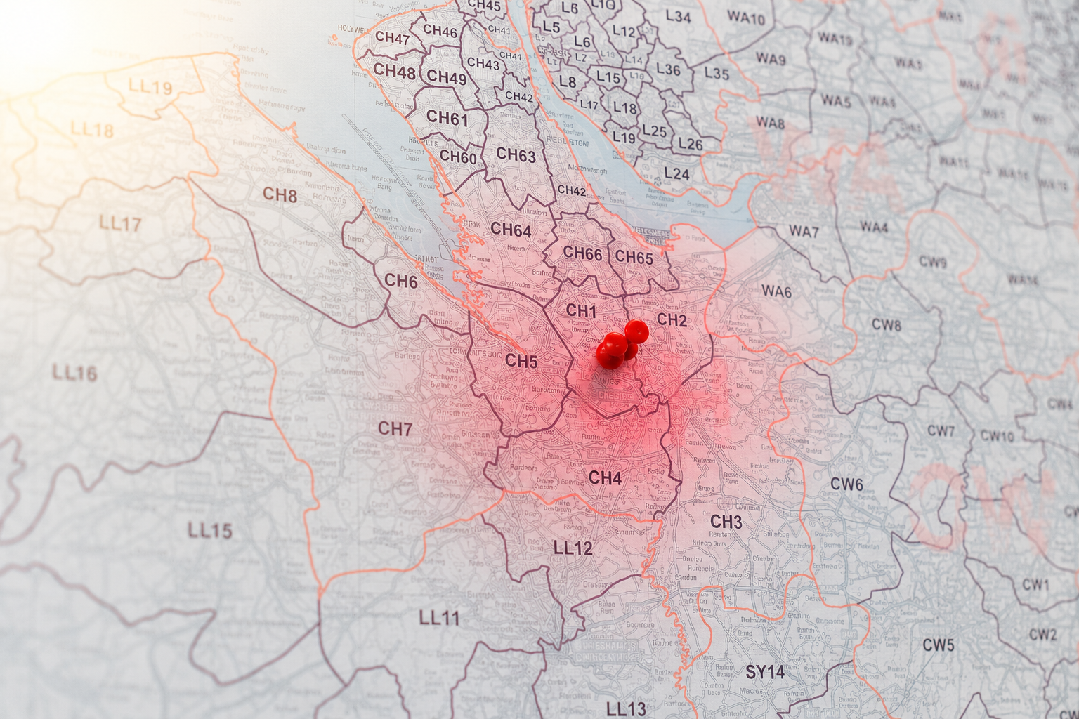 Close-up of a regional postcode map with red location pins highlighting the Chester area, illustrating healthcare coverage and heatwave planning for vulnerable communities.
