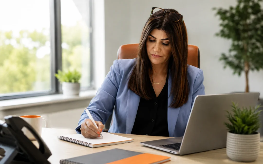 Recruitment consultant writing notes at a desk in a professional Medsolve-style office.