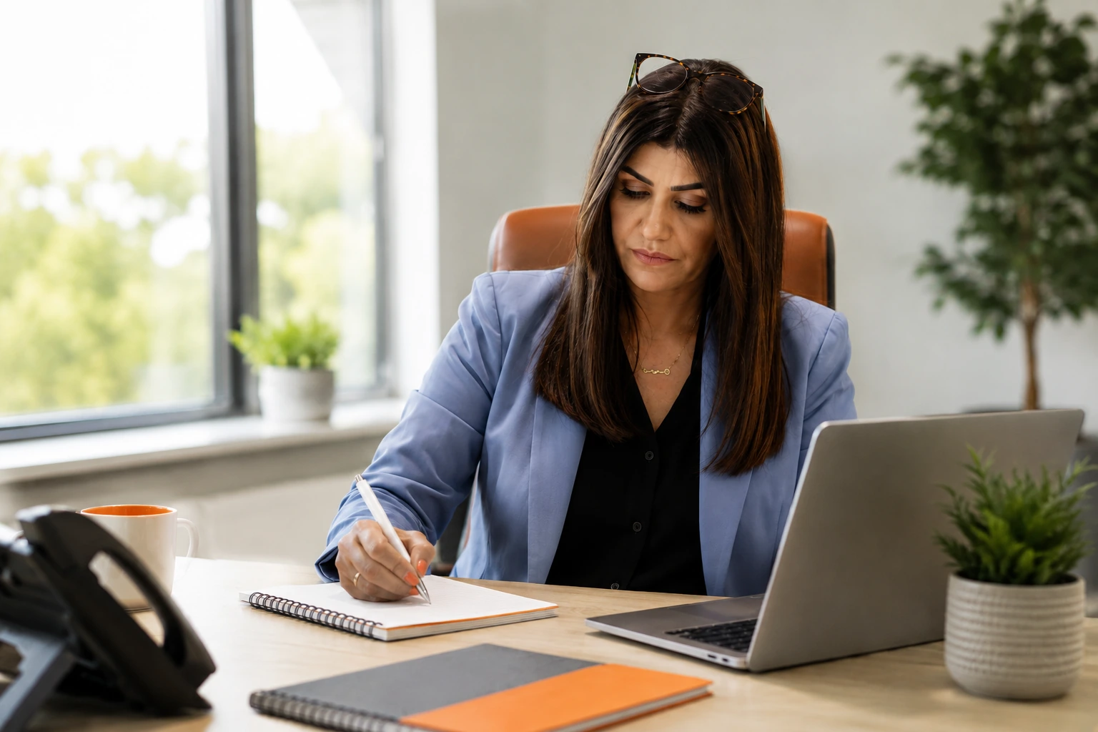 Recruitment consultant writing notes at a desk in a professional Medsolve-style office.